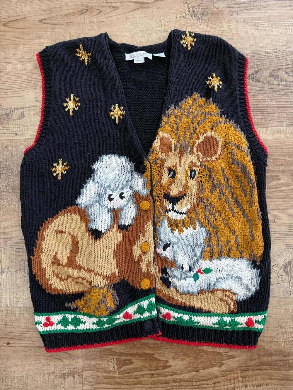 Vintage Heirlooms Handknit Animal Lion Lamb Sweater Vest Christmas Bible Granny